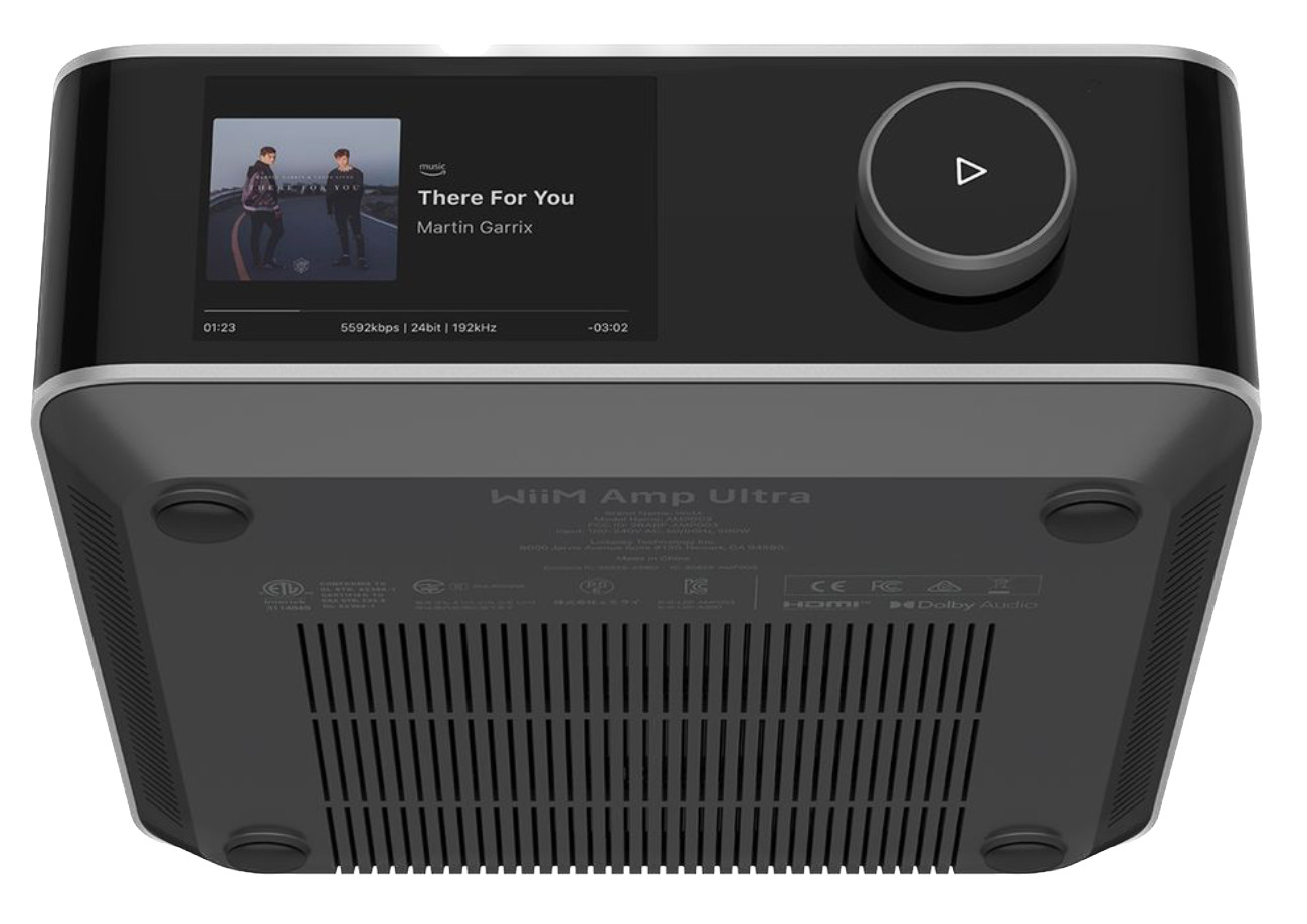 WiiM Amp Ultra Wireless Audio Streaming Amplifier in Silver, bottom and front