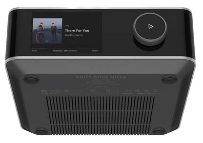 WiiM Amp Ultra Wireless Audio Streaming Amplifier in Silver, bottom and front