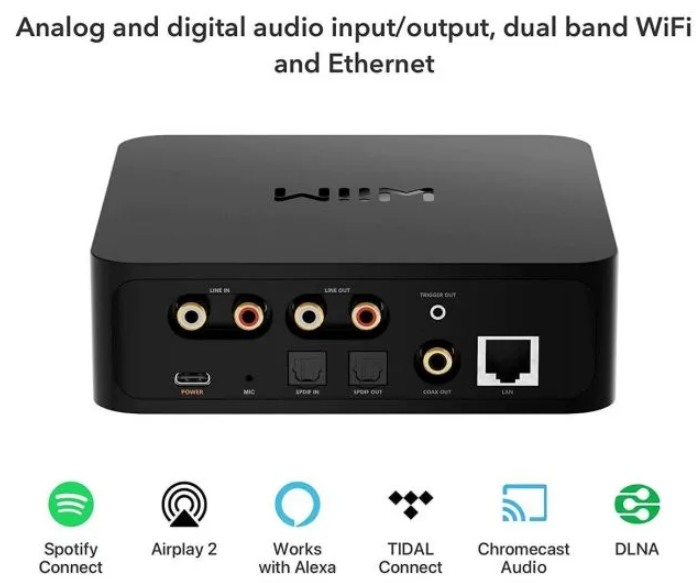 WiiM Pro Plus Wireless Audio Streamer Airplay 2 & Chromecast.  Rear image with streaming apps