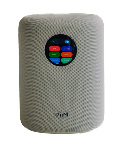 WiiM Sound Smart Speaker in White with controls displayed