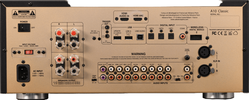 Advance Paris A10 Hybrid Stereo Amplifier is an integrated Stereo Amplifier of high musical quality with tube pre-amplification.  Rear image