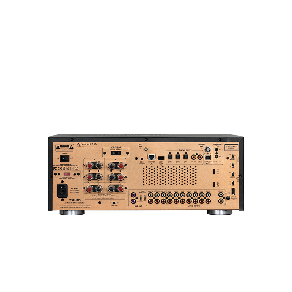 The Advance Paris MyConnect 150 is an audiophile “All-in-One” with a toroidal transformer for the power supply and many features such as streaming, CD, FM / DAB radio. Rear Image