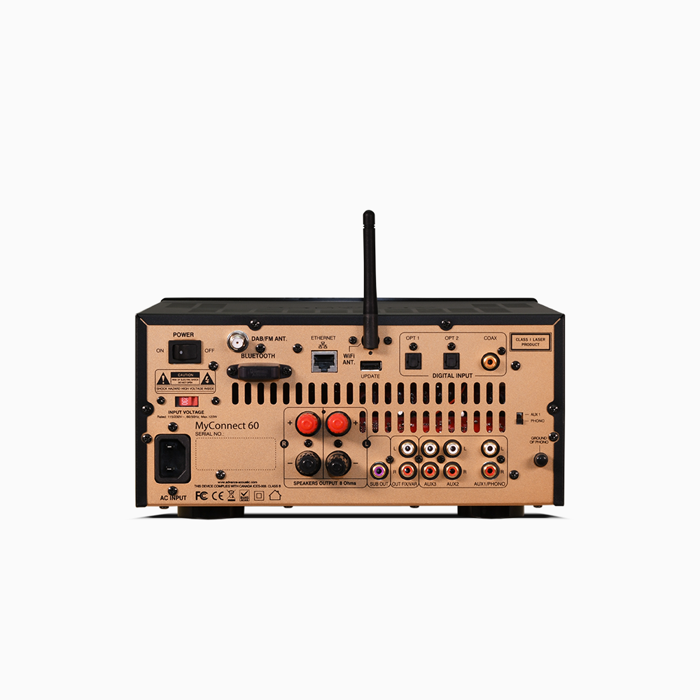 The Advance Paris MyConnect 60 is an audiophile "All in one" which integrates a 2x60W amplifier under 6 ohm, a wifi and ethernet network player, an FM tuner, a DAB+ tuner, a CD player, a USB player and a Bluetooth receiver.. back panel Image