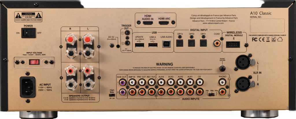 Advance Paris A10 Hybrid Stereo Amplifier is an integrated Stereo Amplifier of high musical quality with tube pre-amplification.  Rear image