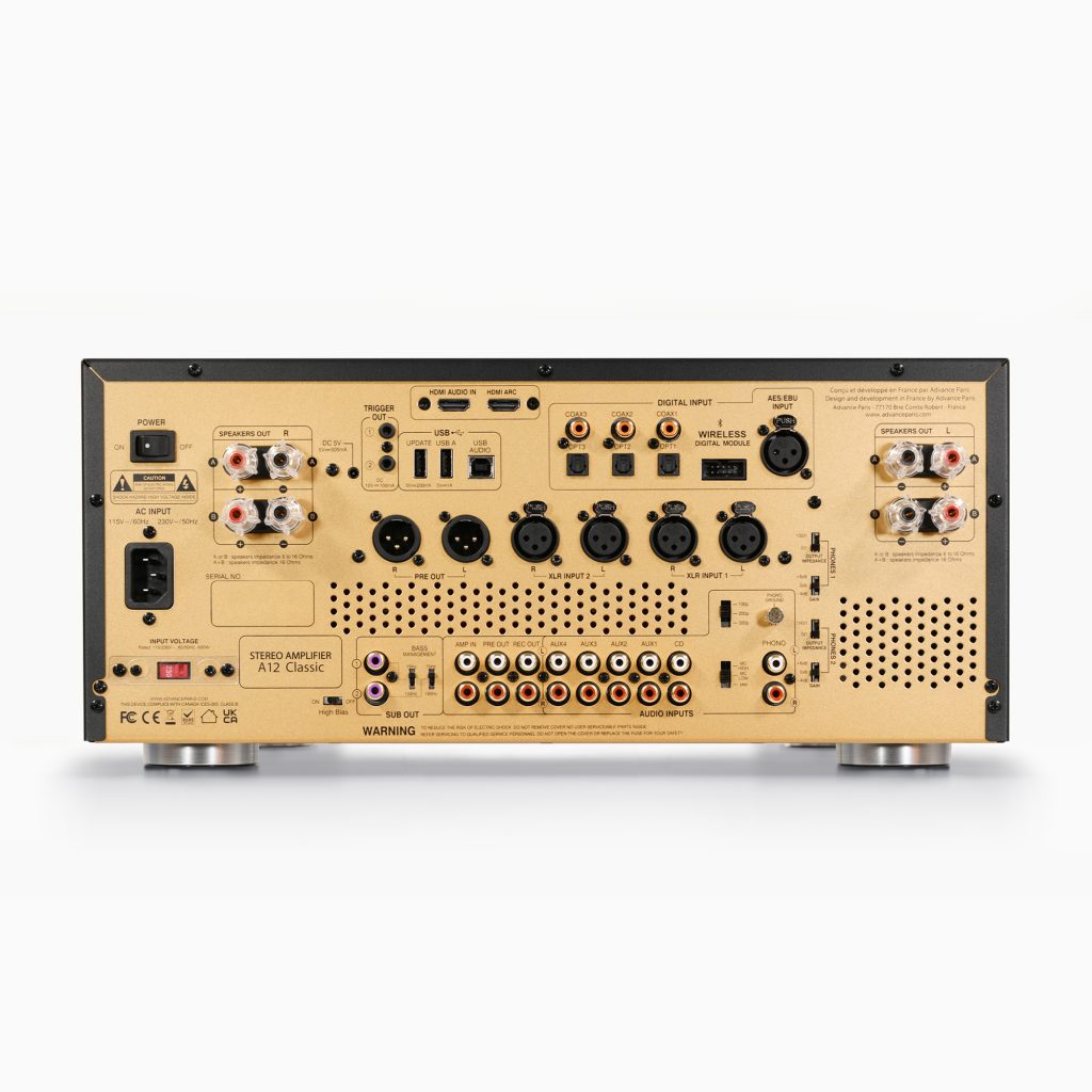 Advance Paris A12 Hybrid Stereo Amplifier is an integrated Stereo Amplifier of high musical quality with tube pre-amplification. Rear Image