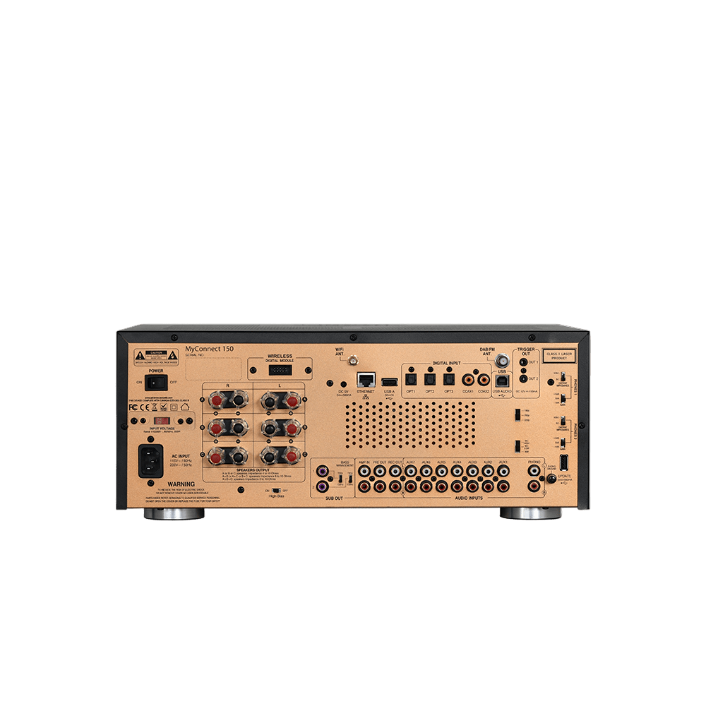 The Advance Paris MyConnect 150 is an audiophile “All-in-One” with a toroidal transformer for the power supply and many features such as streaming, CD, FM / DAB radio. Rear Image