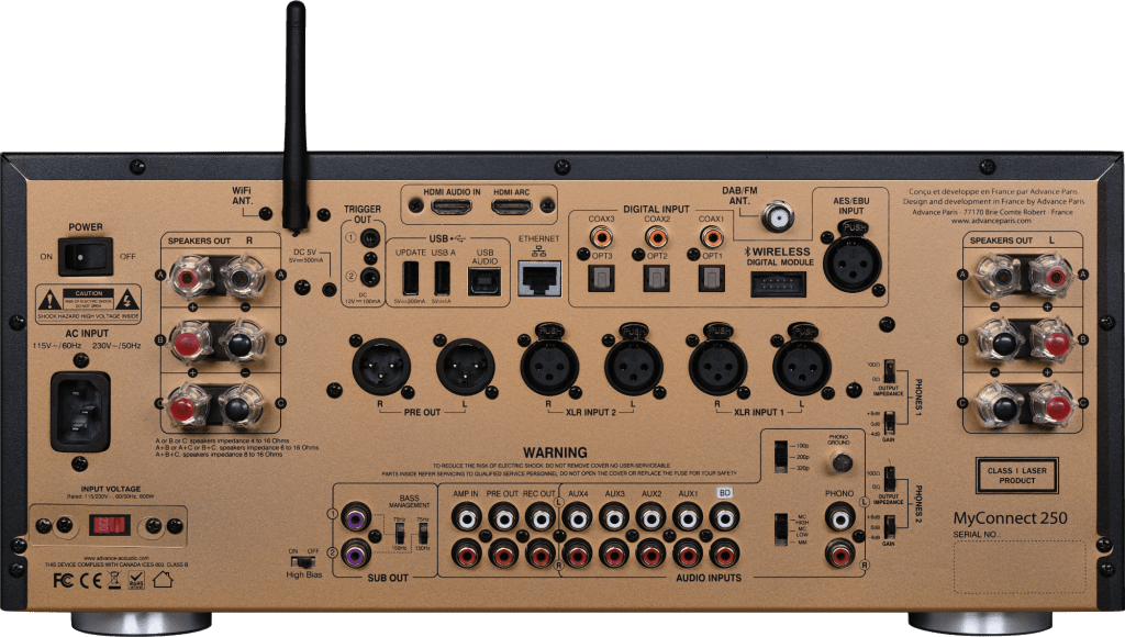 The Advance Paris MyConnect 250 is an audiophile “All-in-One” with a double toroidal transformer for power supply and many features such as streaming, CD, FM / DAB radio. rear image