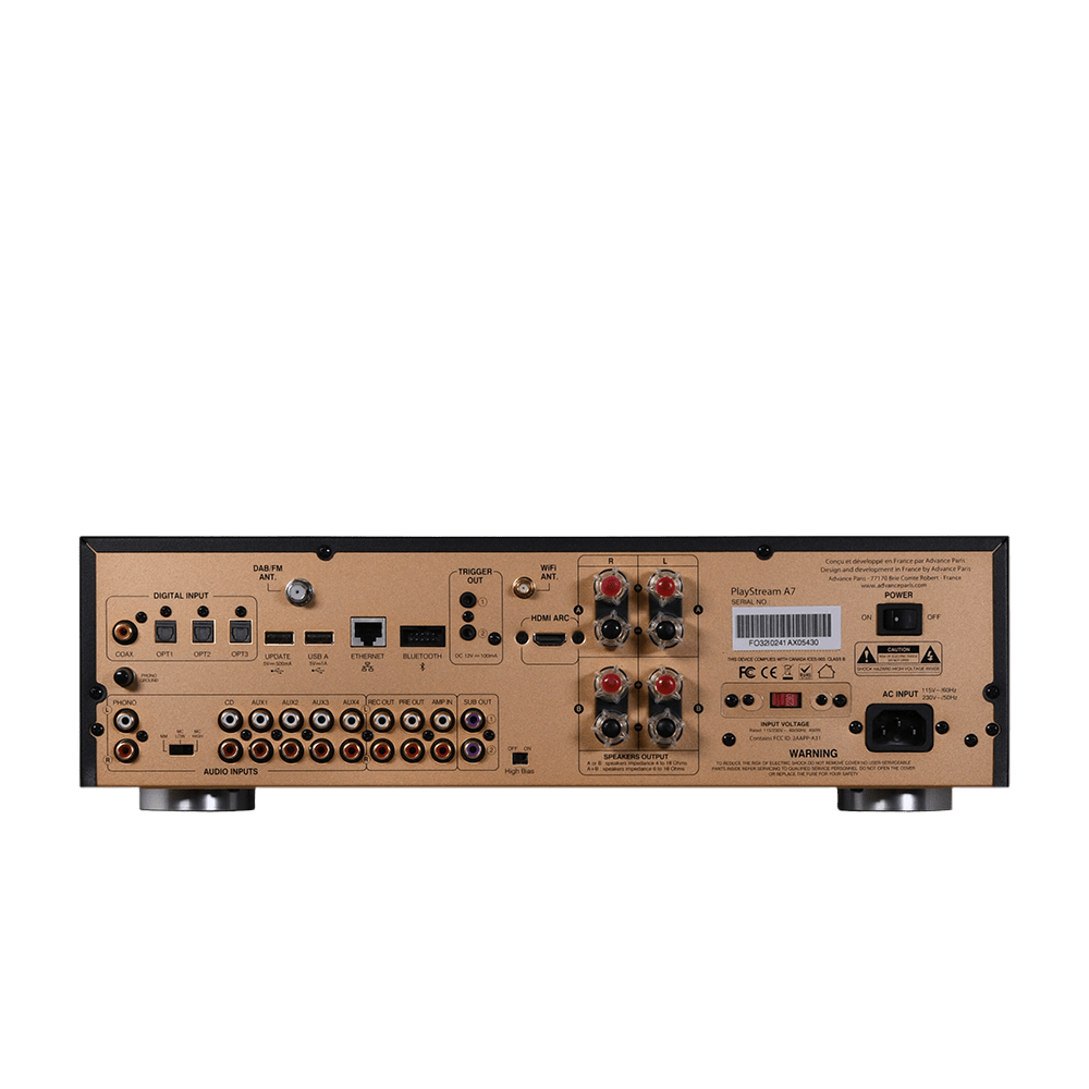 The Advance Paris PlayStream A7 is a connected integrated amplifier. With a power of 2x115W/8Ω in class AB, the A7 has been designed with the ultimate goal of satisfying the demanding audiophile. Its sound reproduction is uncompromising, compatible with all new high definition sources. Back pane;Image