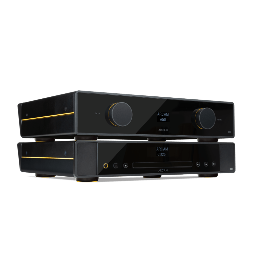 Arcam CD25 CD Player, stacked on an anlge, with Arcam A50 Signature 5th Anniversary Edition Integrated Amplifier