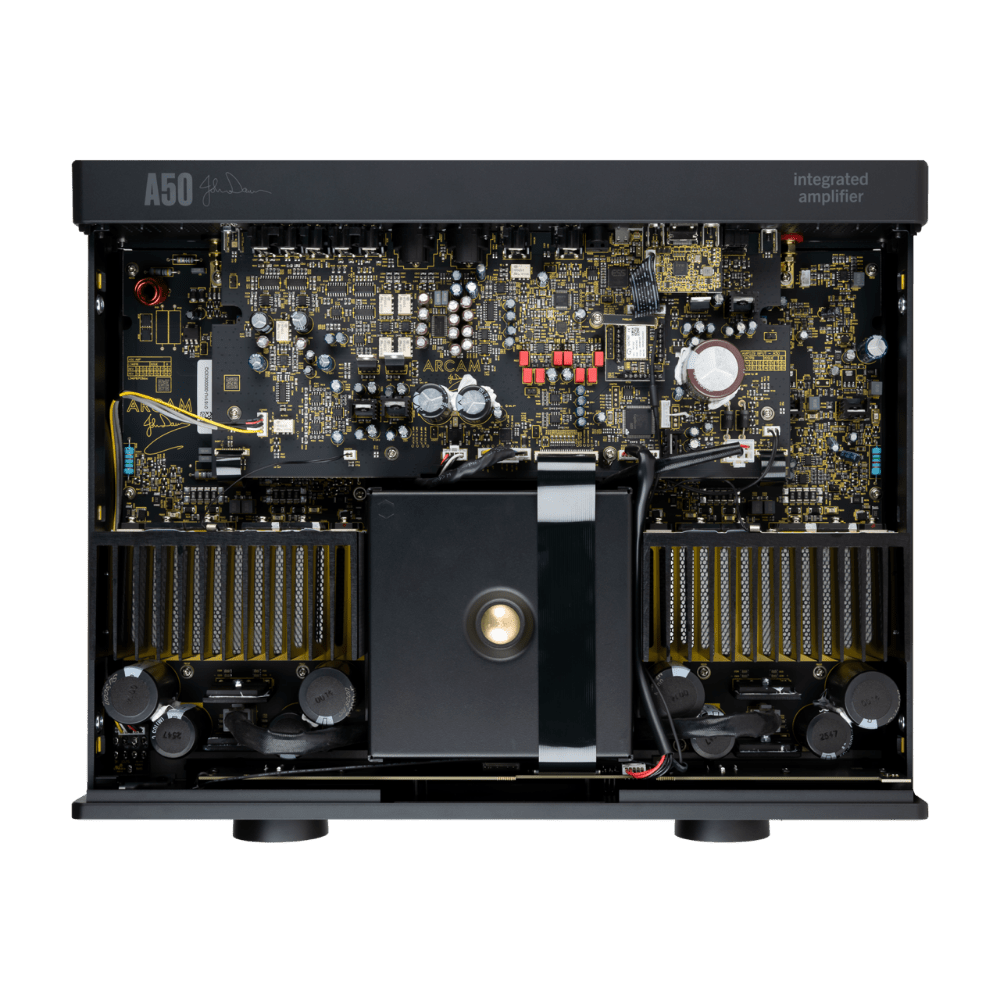 Arcam A50 Signature Dual-Mono Class G Integrated Amplifier, inside of unit, overhead view