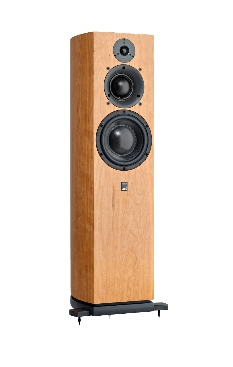 ATC SCM40 Active Loudspeakers; individual Cherry speaker shown on an angle and without grille