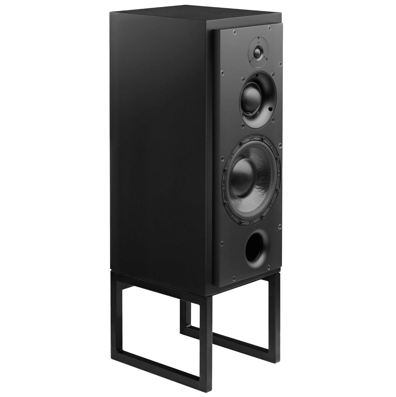 ATC SCM50PSL Passive Speakers in Satin Black.  Individual speaker shown on an angle and without grille