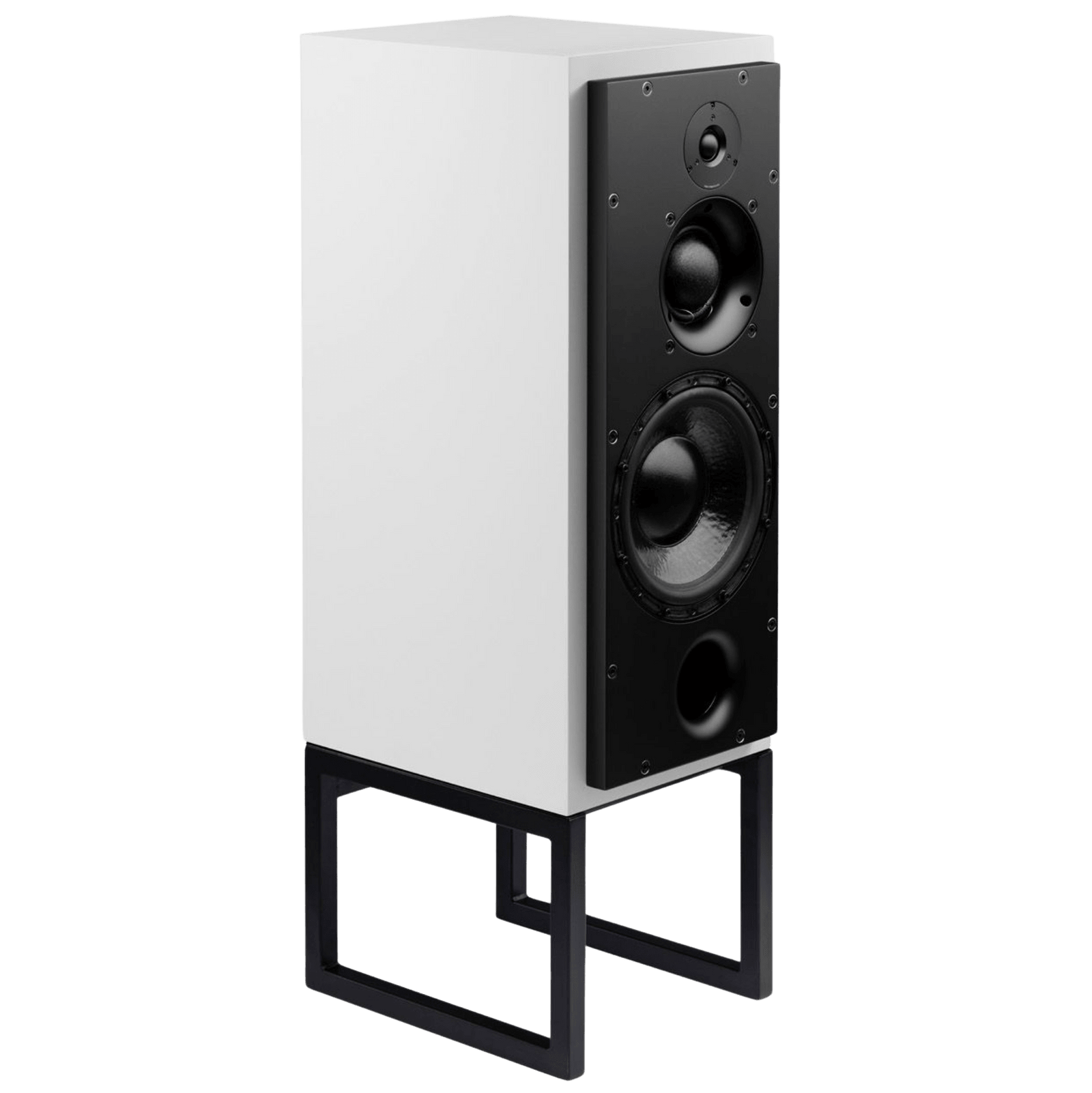 ATC SCM50PSL Passive Speakers in Satin White.  Individual speaker shown on an angle and without grille