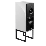 ATC SCM50PSL Passive Speakers in Piano White.  Individual speaker shown on an angle and without grille