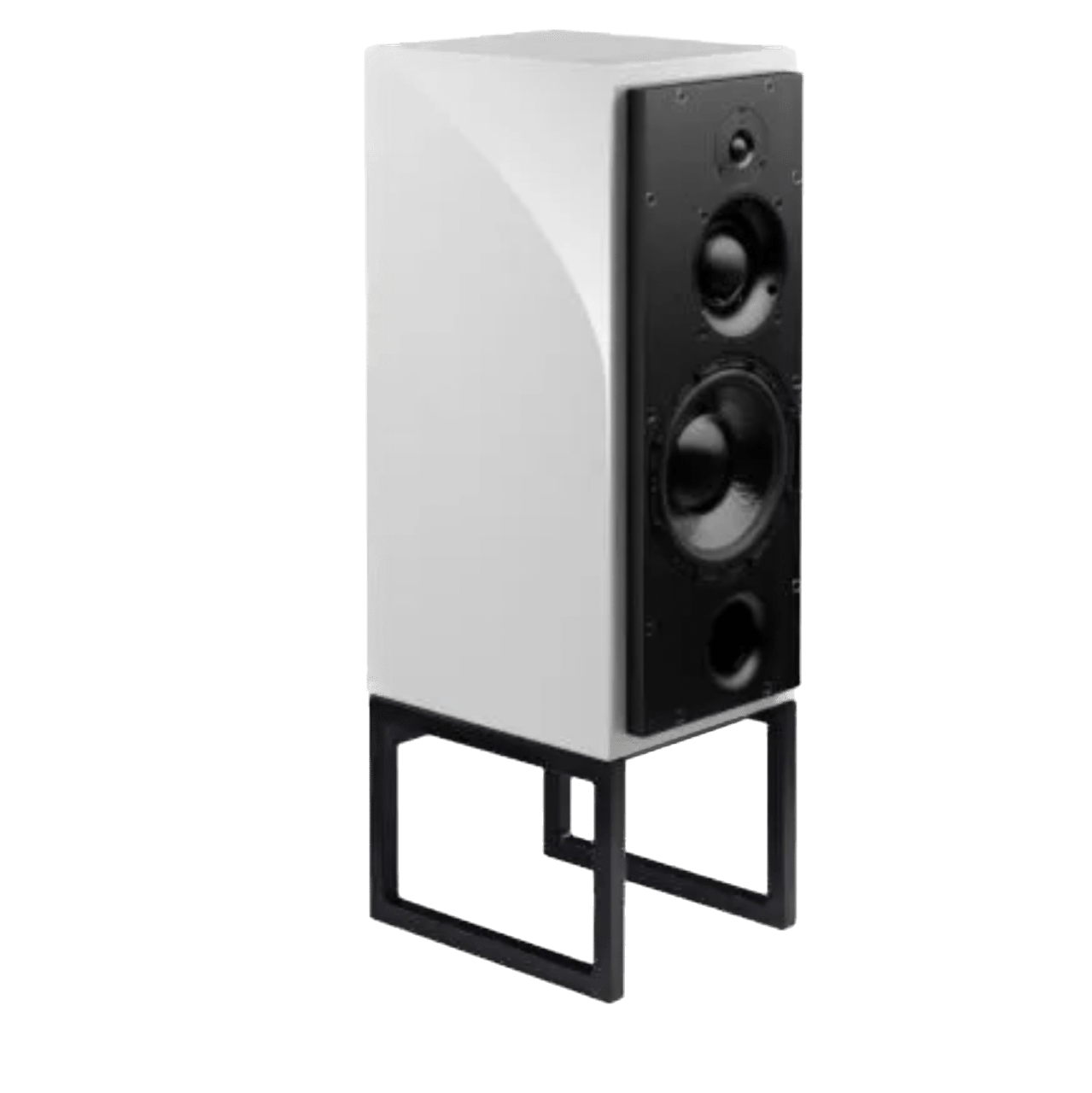 ATC SCM50PSL Passive Speakers in Piano White.  Individual speaker shown on an angle and without grille