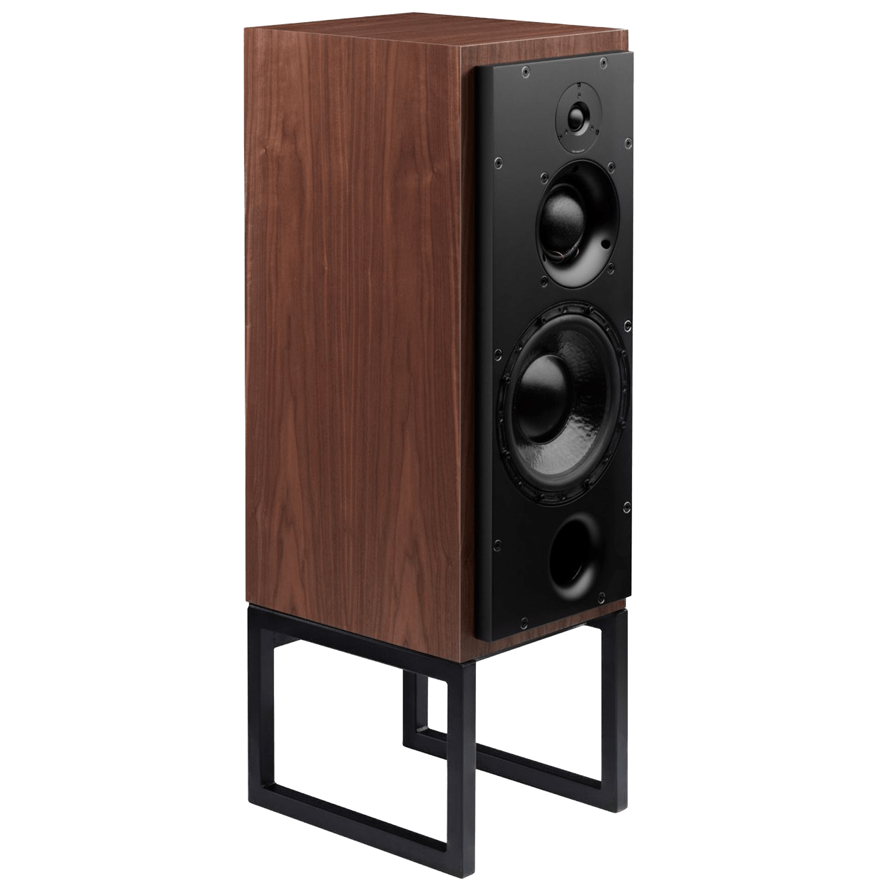 ATC SCM50PSL PassiveSpeakers in European Walnut.  Individual speaker shown on an angle and without grille