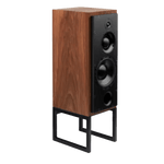 ATC SCM50PSL Passive Speakers in Walnut.  Individual speaker shown on an angle and without grille