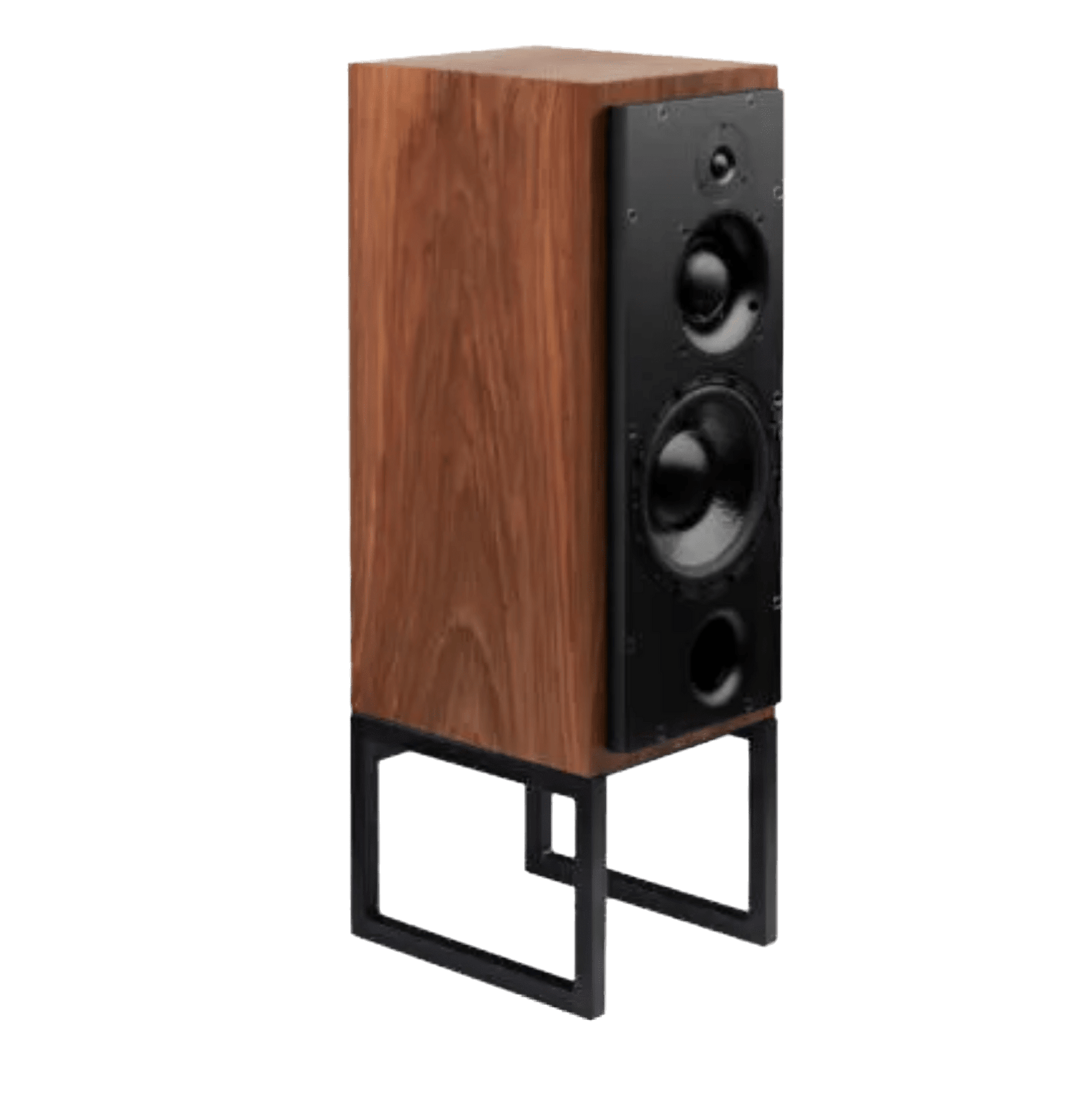 ATC SCM50PSL Passive Speakers in Walnut.  Individual speaker shown on an angle and without grille