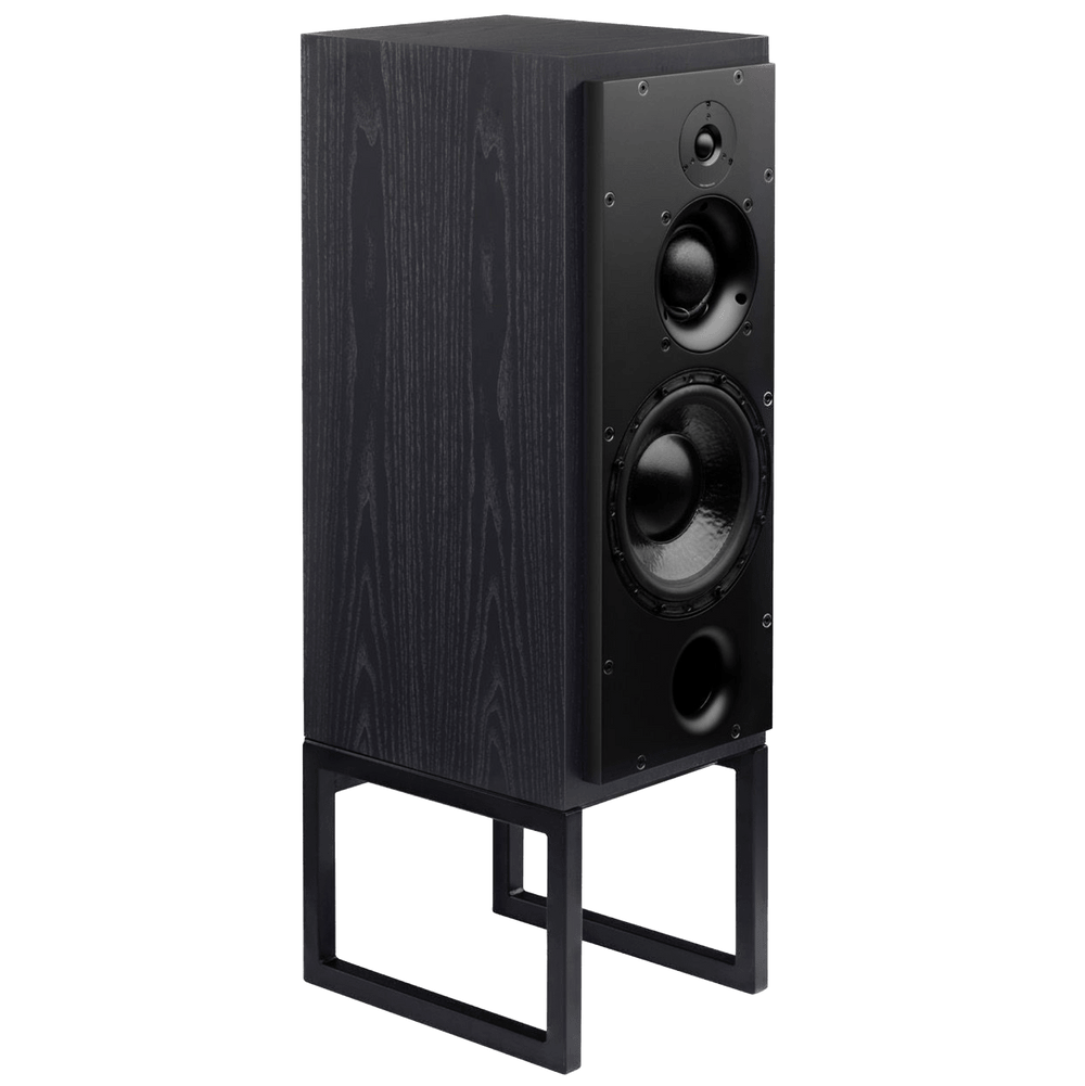 ATC SCM50PSL Passive Speakers in Black Ash.  Individual speaker shown on an angle and without grille