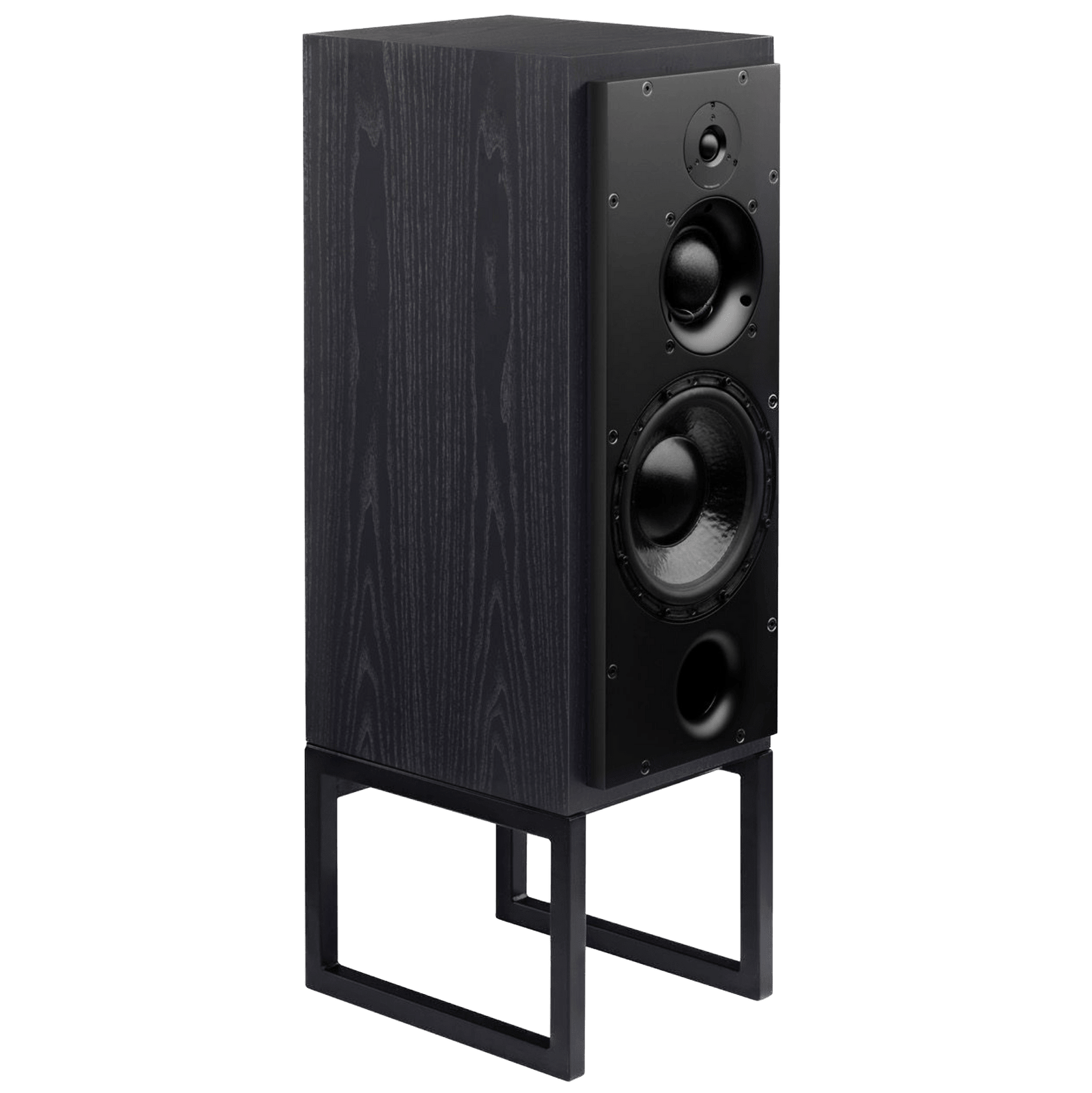 ATC SCM50PSL Passive Speakers in Black Ash.  Individual speaker shown on an angle and without grille