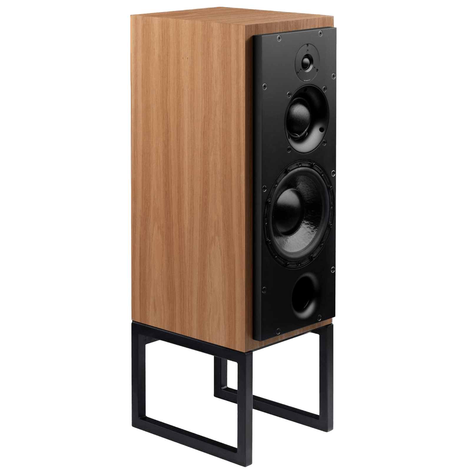 ATC SCM50PSL Passive Speakers in Oak.  Individual speaker shown on an angle and without grille