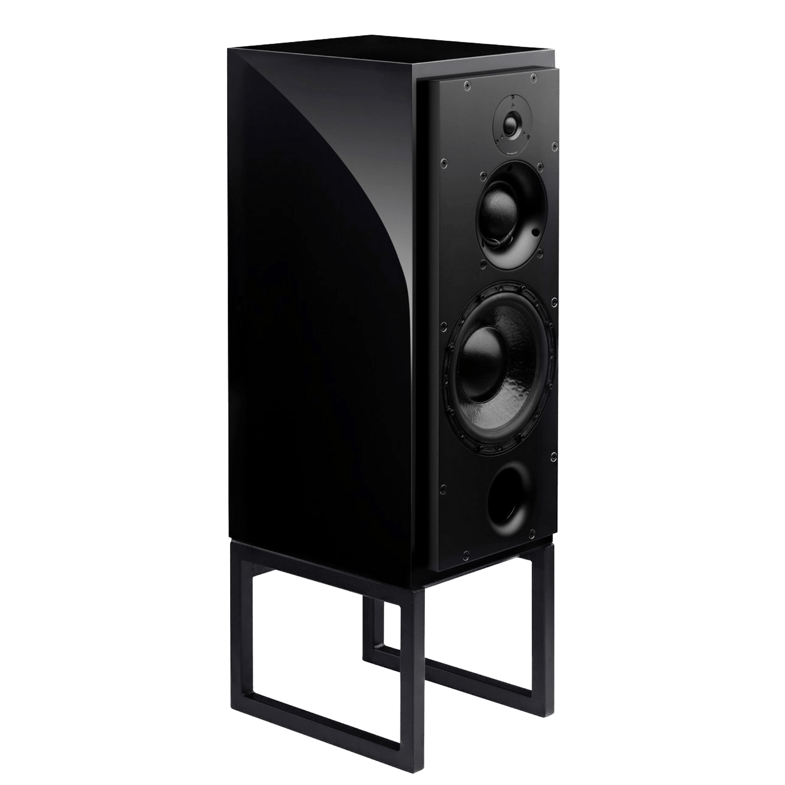 ATC SCM50PSL Passive Speakers in Piano Black.  Individual speaker shown on an angle and without grille