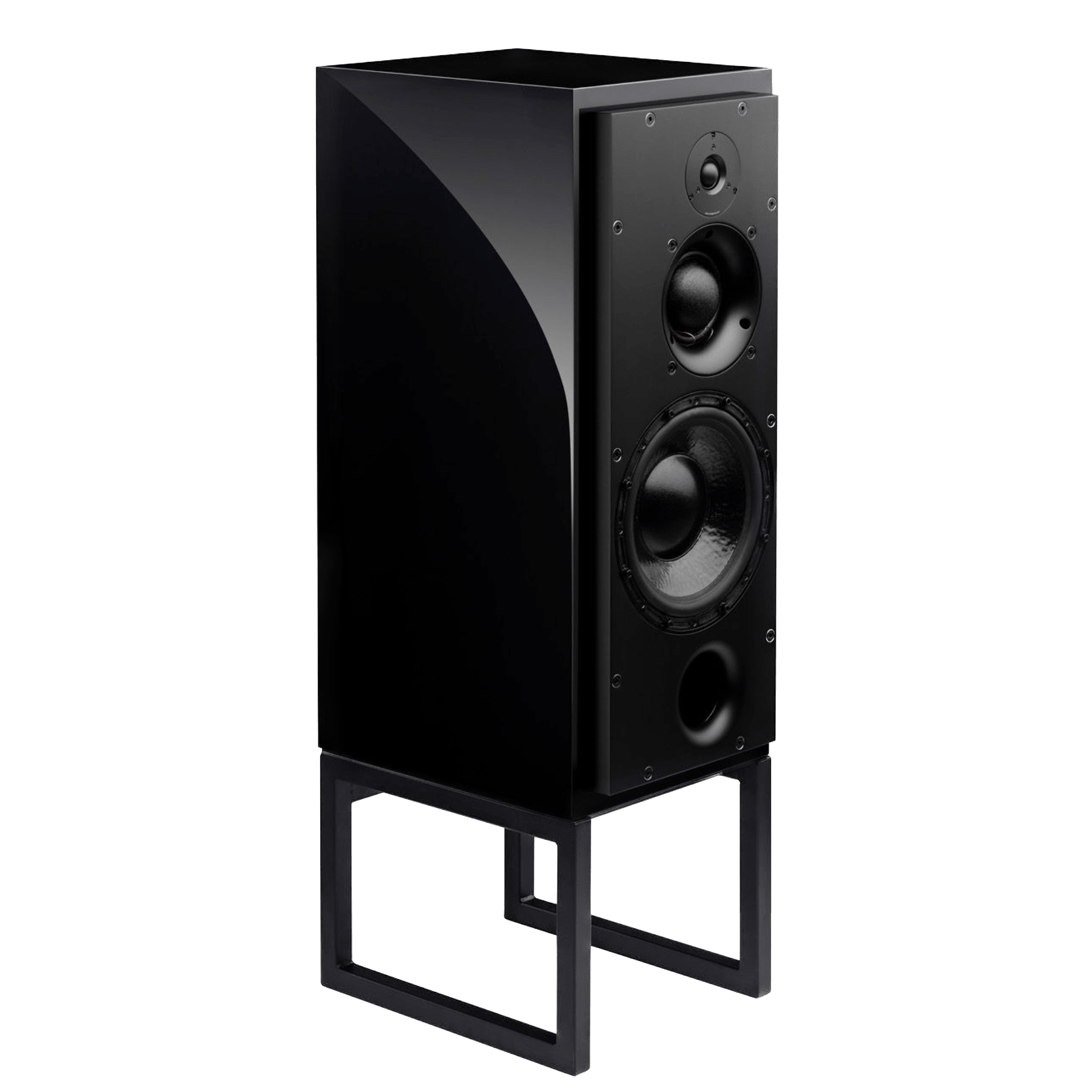 ATC SCM50PSL Passive Speakers in Piano Black.  Individual speaker shown on an angle and without grille