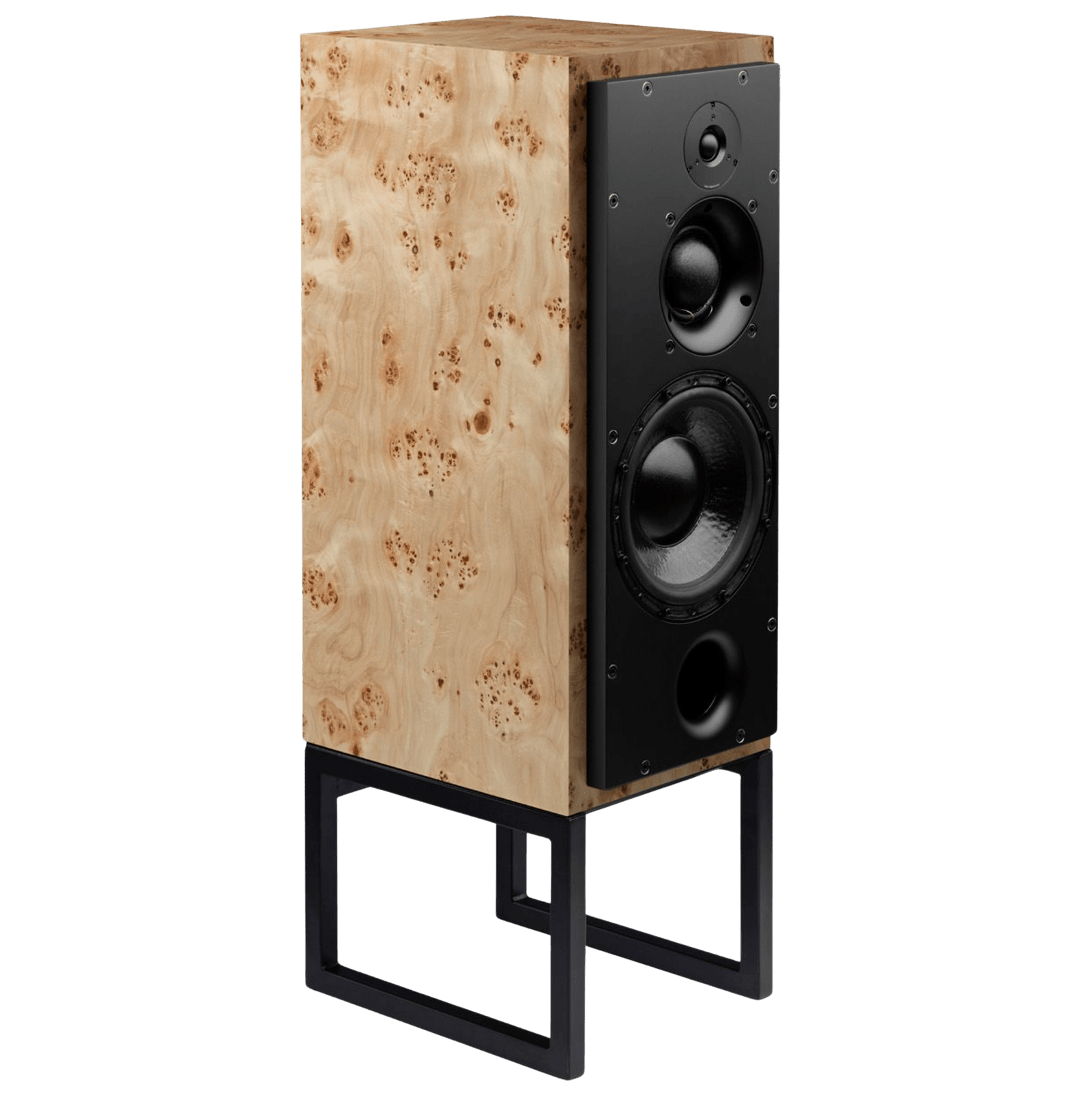 ATC SCM50PSL Passive Speakers in Burr Poplar.  Individual speaker shown on an angle and without grille