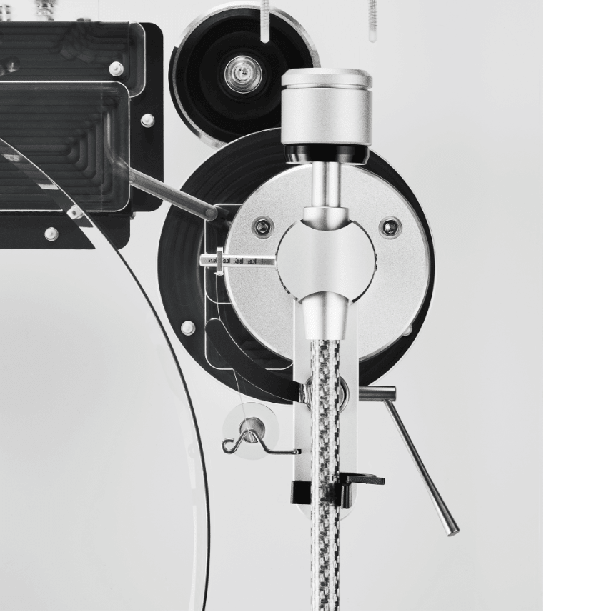 Audio Technica AT-LPA2 Belt Driven Turntable, with dustcover, counterweight, overhead view