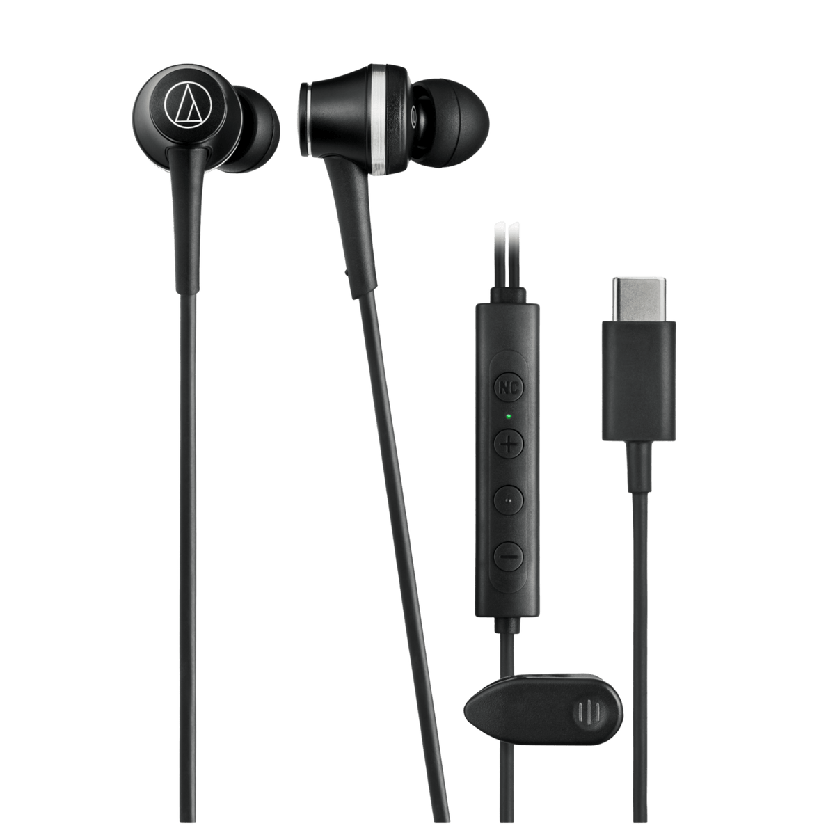 Audio Technica ATH-CKD7NC Noise Cancelling In-Ear USB-C Headphones in Black. Image shows connection and controls