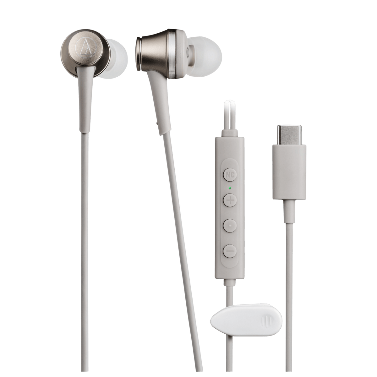 Audio Technica ATH-CKD7NC Noise Cancelling In-Ear USB-C Headphones in Beige-Gold.  Image shows connection and controls