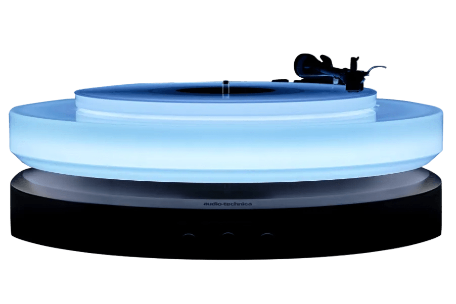 Audio Technica Limited Edition Hotaru Floating Turntable, front illuminated in blue