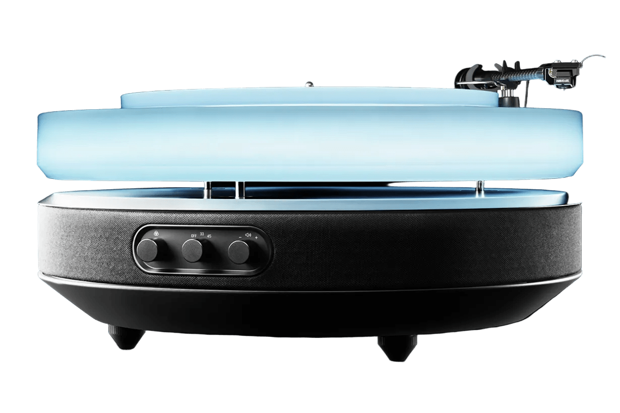 Audio Technica Limited Edition Hotaru Floating Turntable, angled illuminated in blue