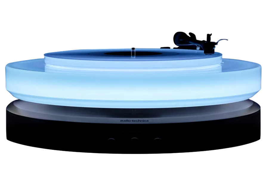Audio Technica Limited Edition Hotaru Floating Turntable, front illuminated in blue