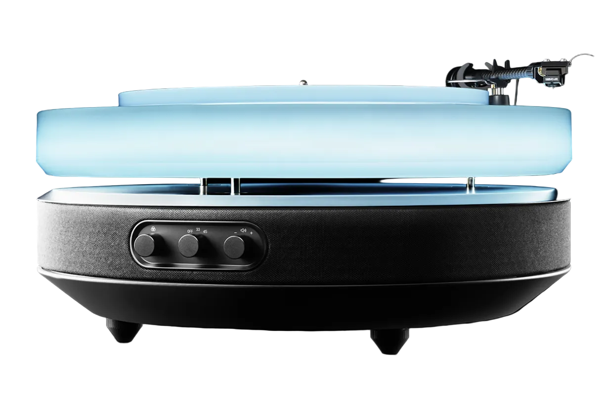 Audio Technica Limited Edition Hotaru Floating Turntable, angled illuminated in blue