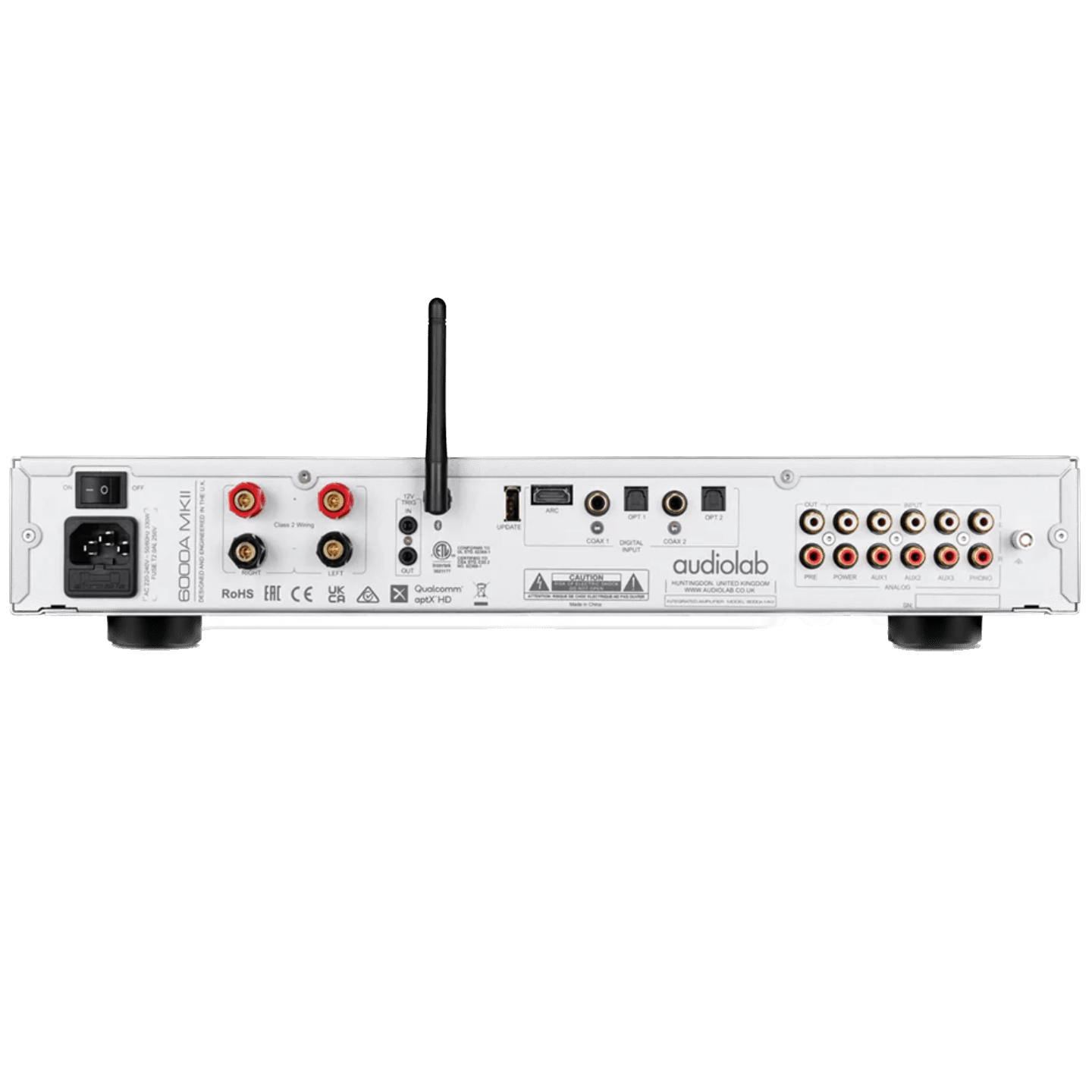 Audiolab 6000A MKII Integrated Amplifier in Silver. Back of unit