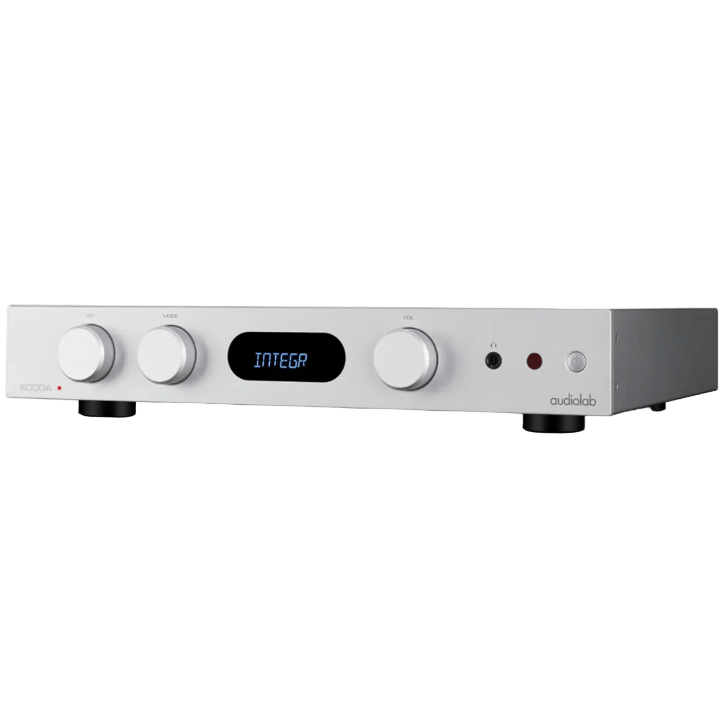 Audiolab 6000A MKII Integrated Amplifier in Silver. Angled left
