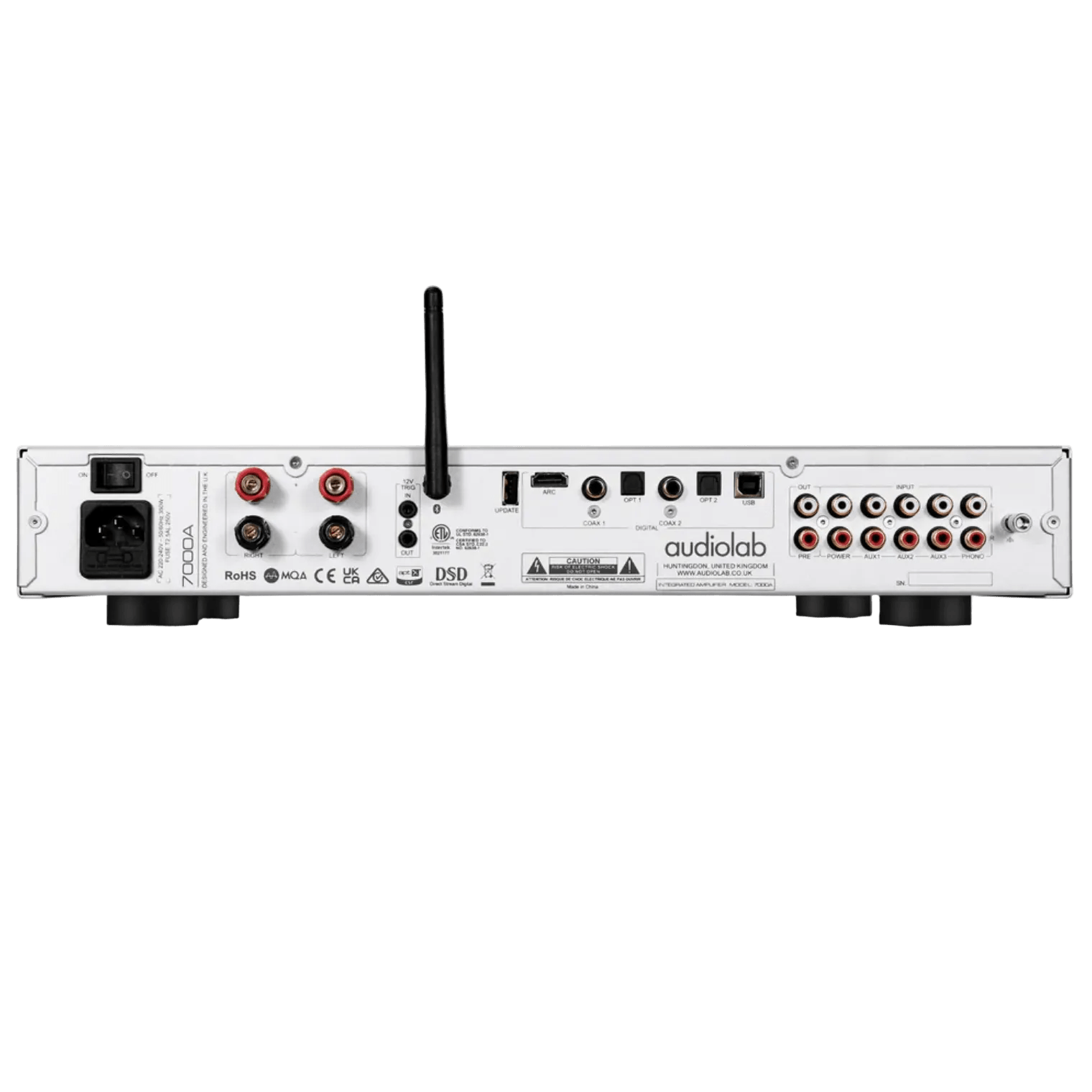 Audiolab 7000A Integrated Amplifier in Silver, back of unit