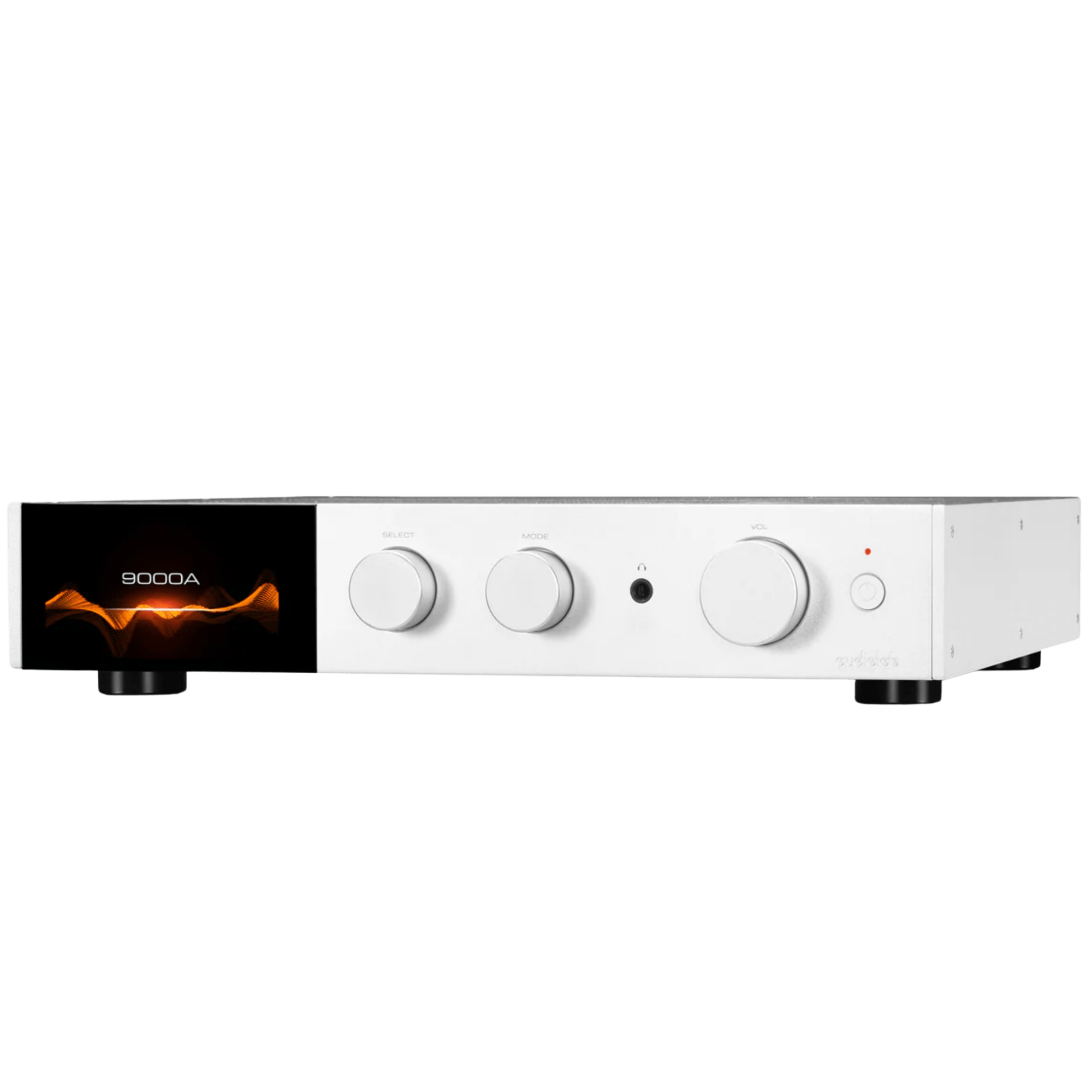 Audiolab 9000A Integrated Amplifier in silver, angled to the left
