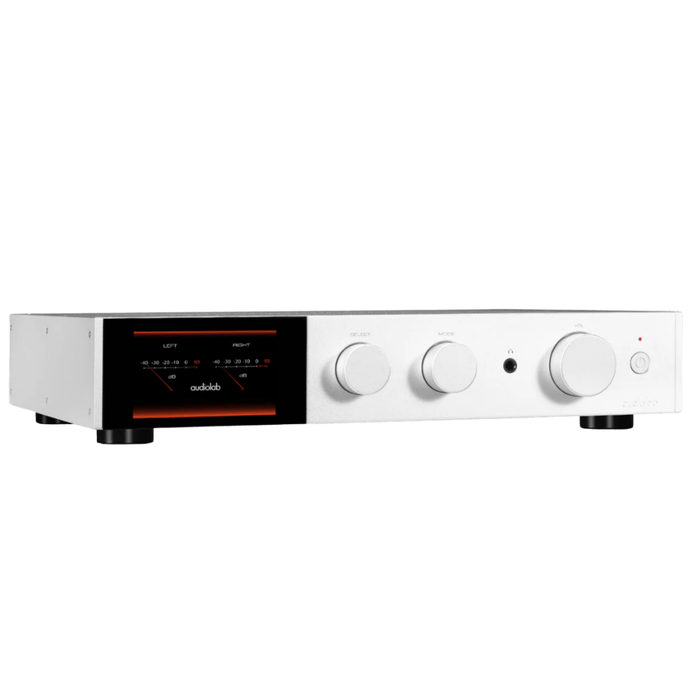 Audiolab 9000A Integrated Amplifier in silver, angled to the right