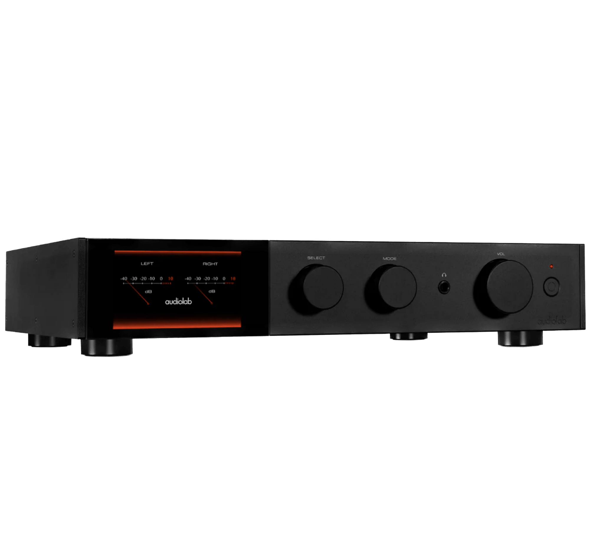 Audiolab 9000A Integrated Amplifier in black.  Angled to the Right