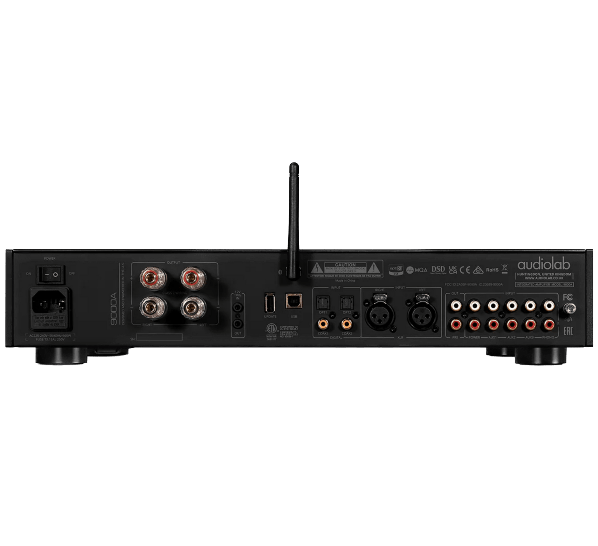 Audiolab 9000A Integrated Amplifier in black.  Rear of unit.