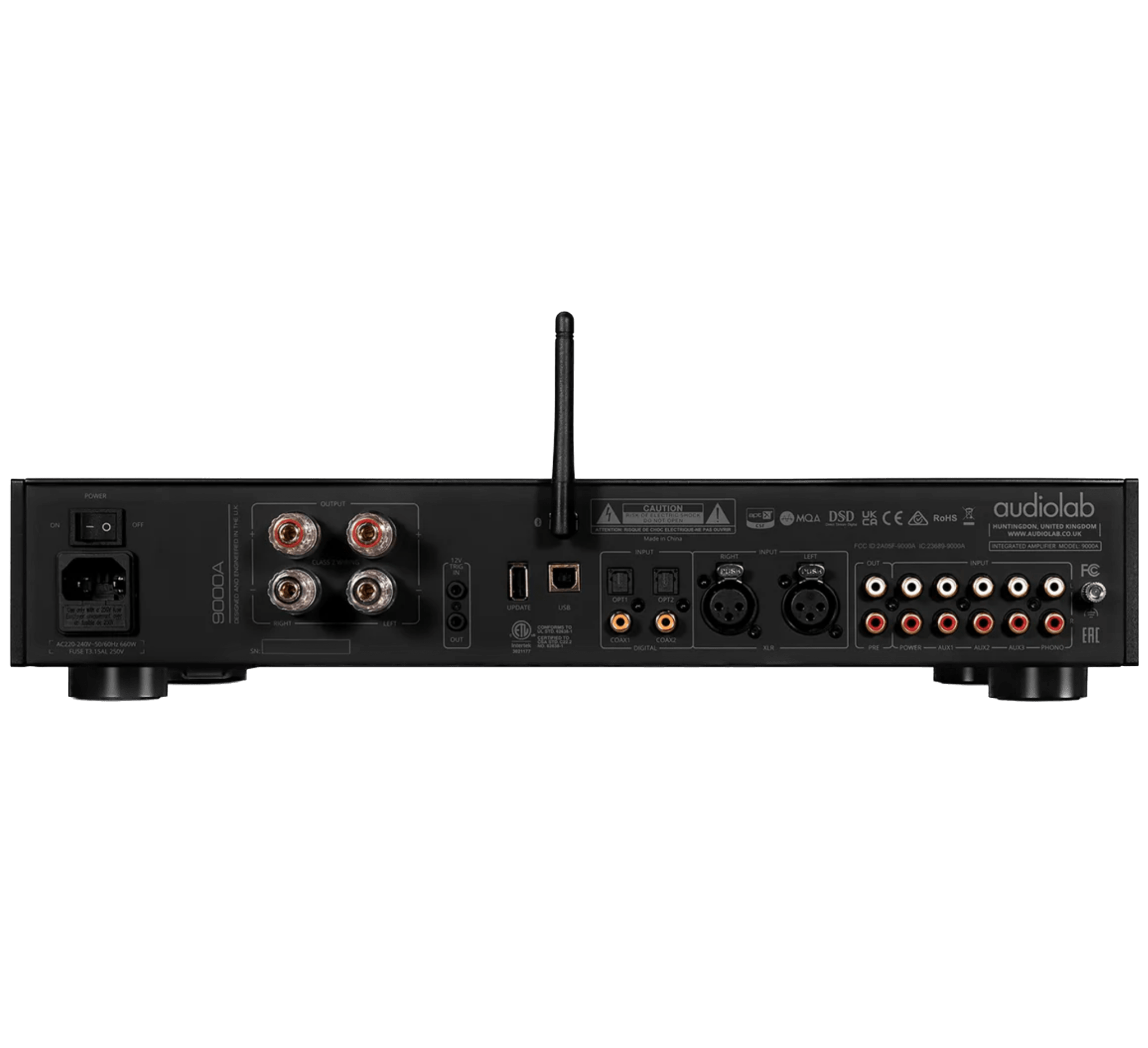 Audiolab 9000A Integrated Amplifier in black.  Rear of unit.
