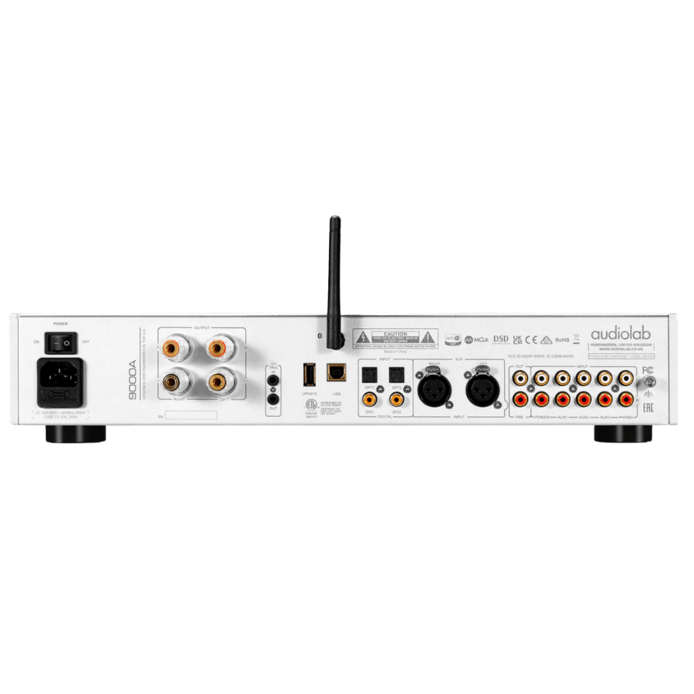 Audiolab 9000A Integrated Amplifier in silver, rear of unit