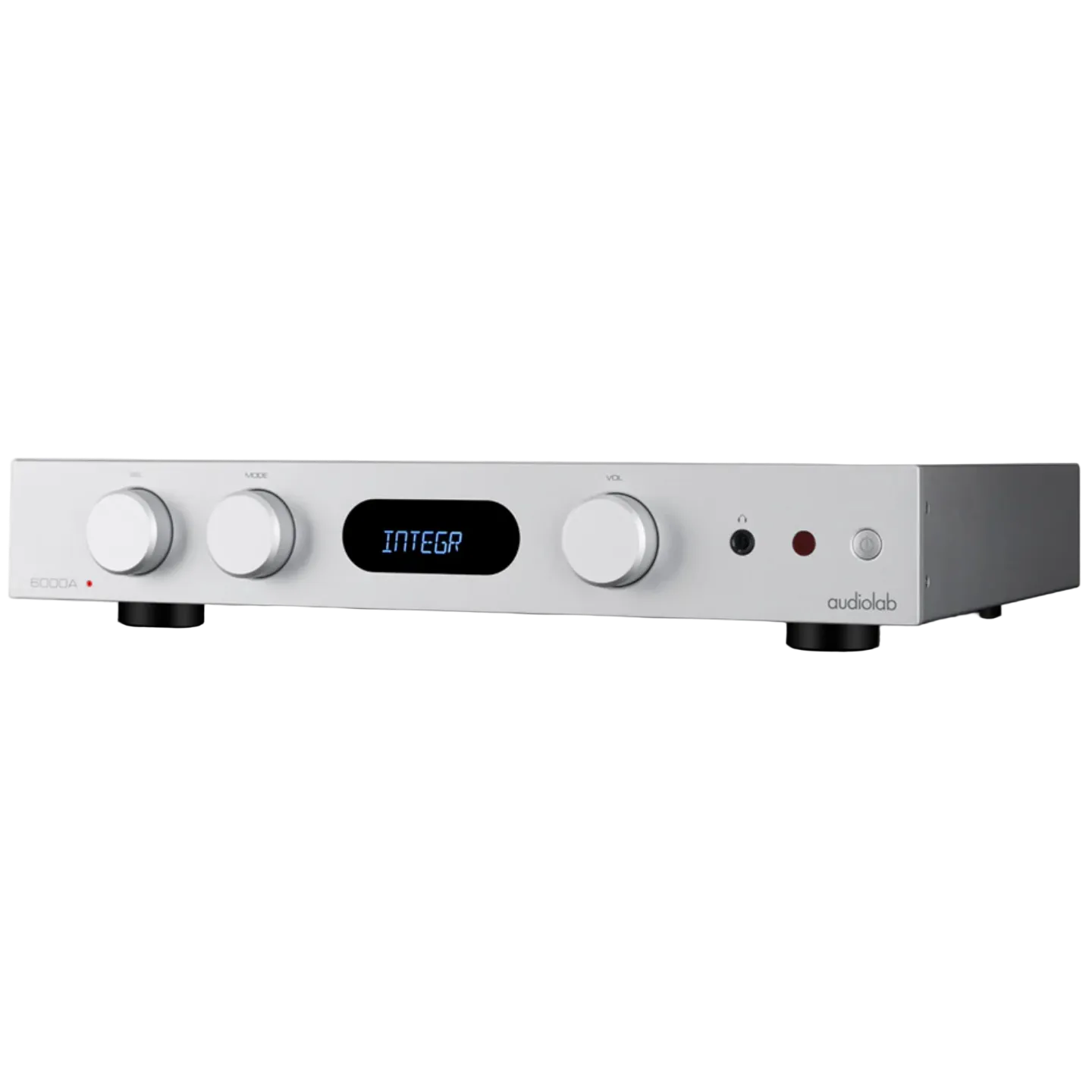 Audiolab 6000A MKII Integrated Amplifier in Silver. Angled left