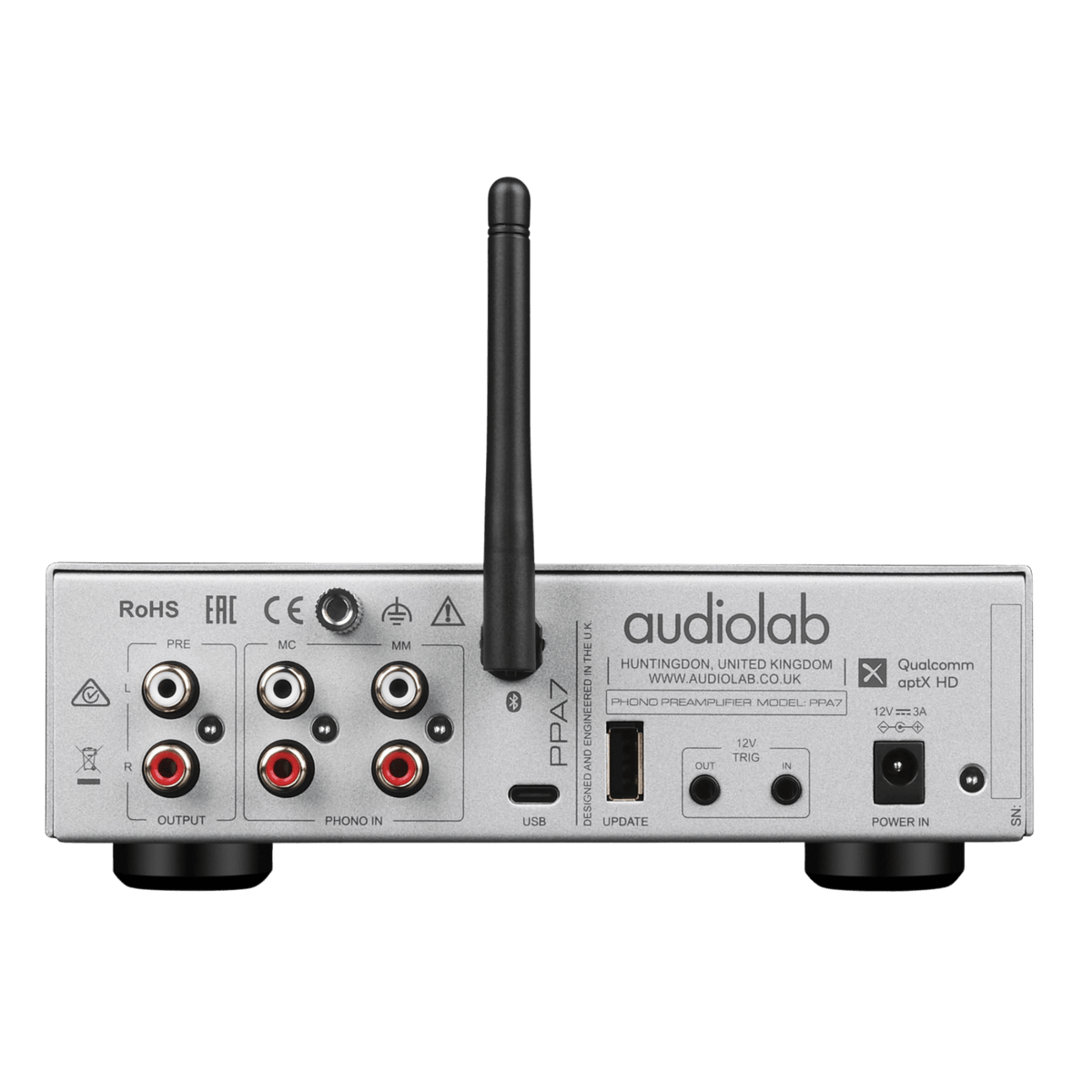 Audiolab PPA7 Phono Preamplifier in silver, back of preamplifier