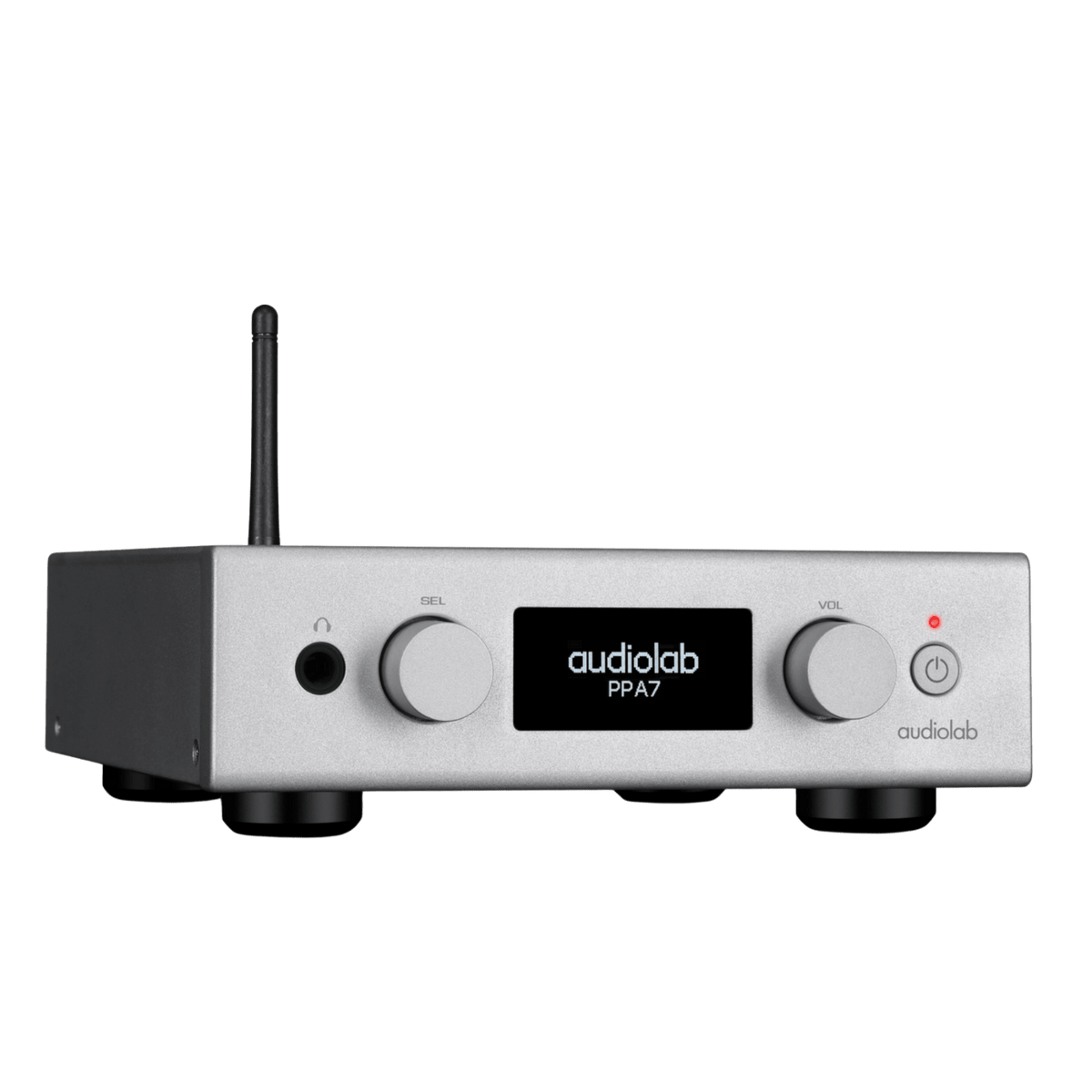 Audiolab PPA7 Phono Preamplifier in silver, angled to the right