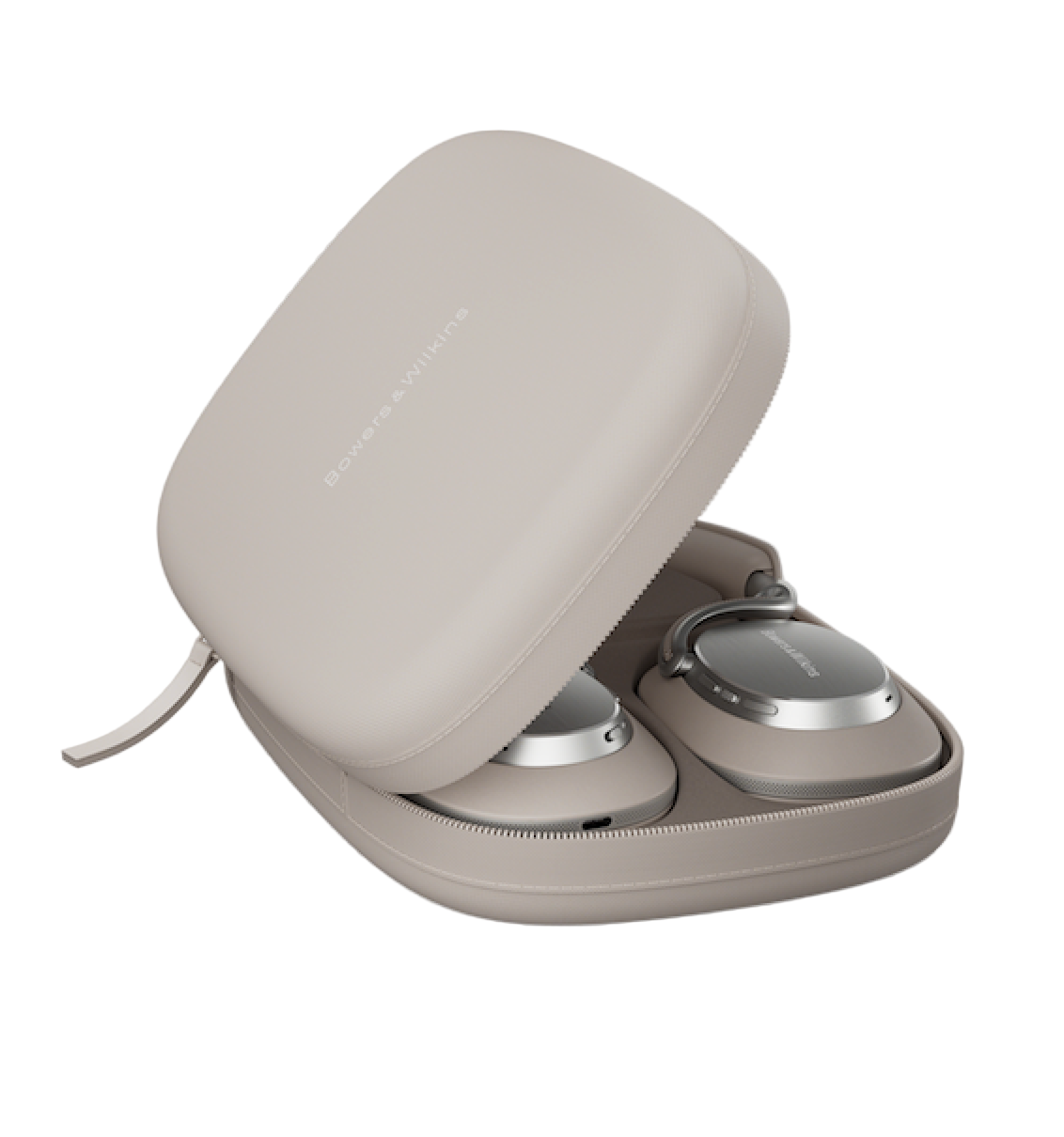 Bowers and Wilkins Px8 S2 Noise Cancelling Headphones in Warm Stone in their carry case
