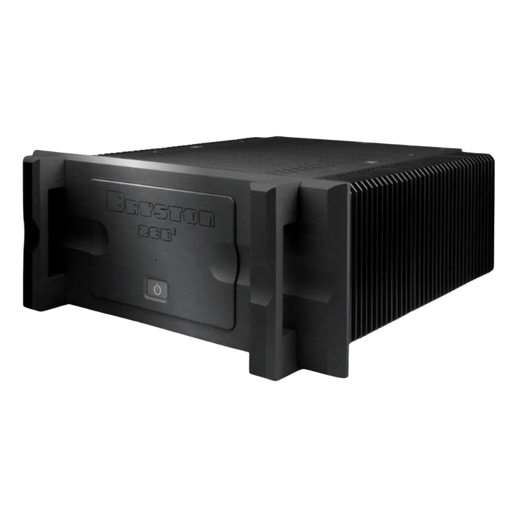Bryston 28B Cubed Mono Amplifier with 19 in faceplate in Black, angled to the left