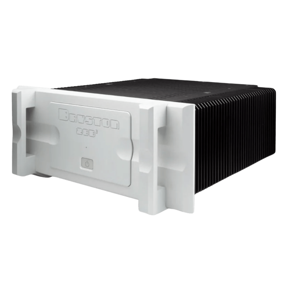 Bryston 28B Cubed Mono Amplifier with 19 in faceplate in Silver, angled to the left